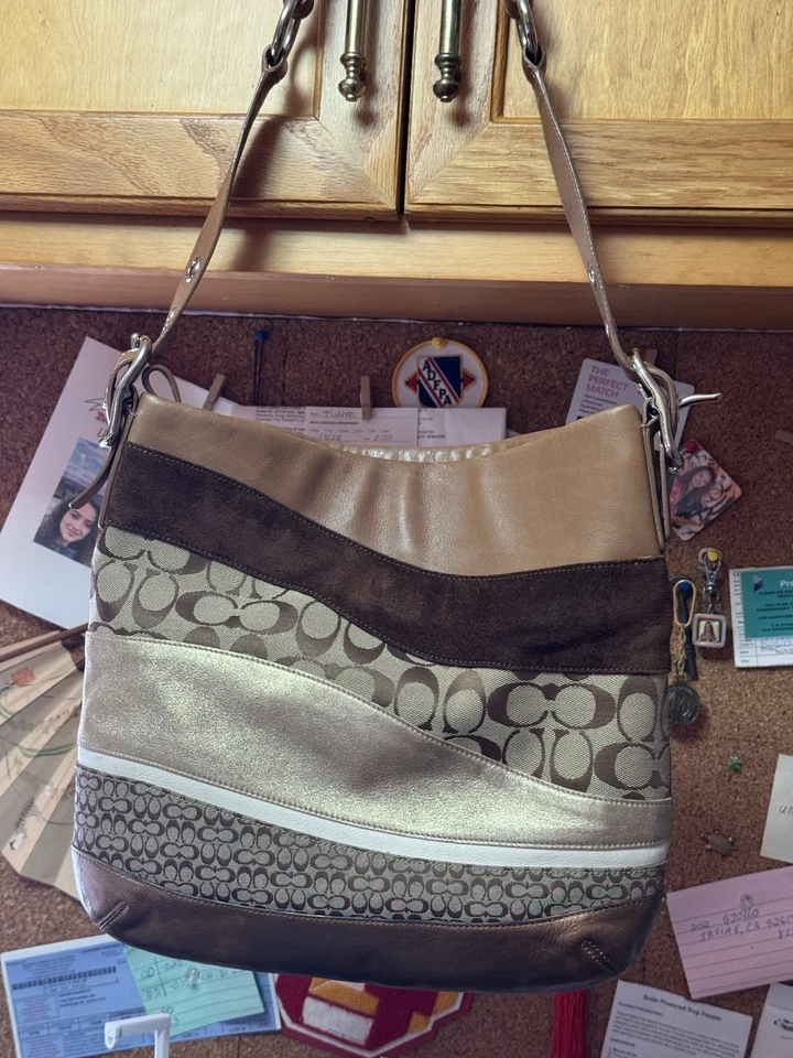 复古正品蔻驰拼布签名皮革帆布流浪汉单肩包钱包 — 第 2/4 张图片