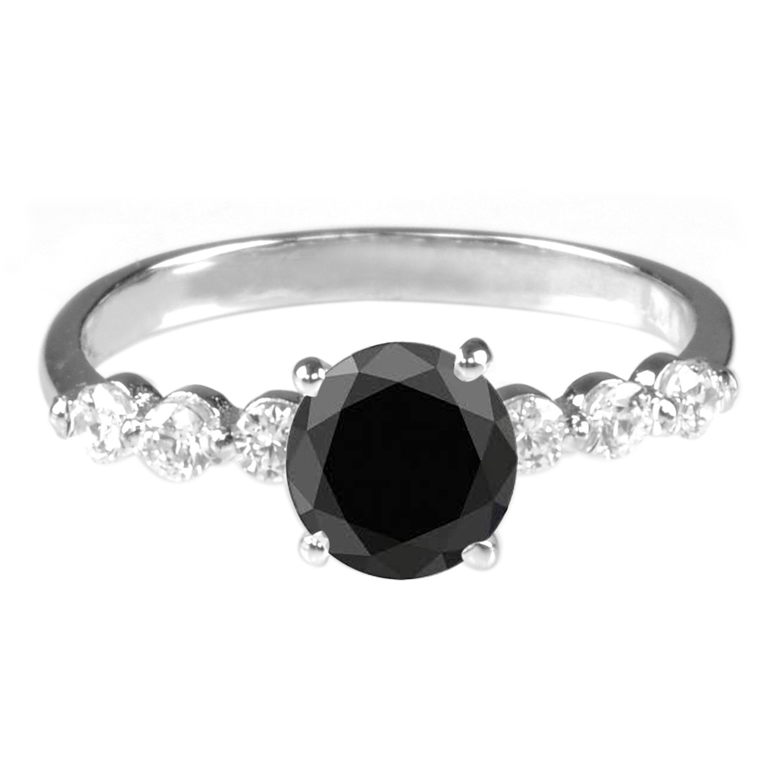 1.55Ct Round Natural Black Diamond Solitaire Ring in 925 Silver with Accents  