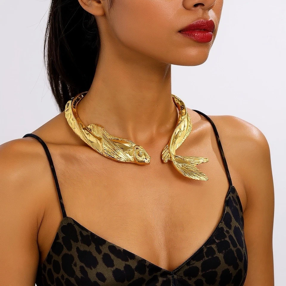 Collar Pescado Zara Oro Sirena Koi Boho Carpa Gargantilla Collar Antiguo Declaración Foto 2 de 4
