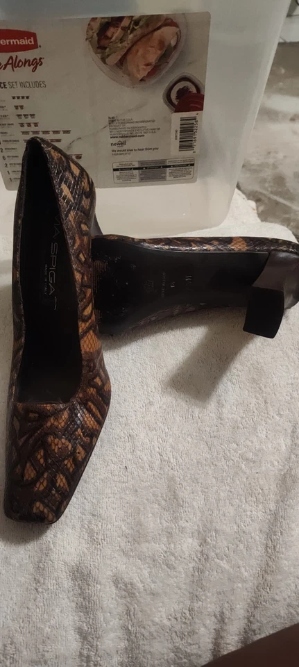 De Colección Via Spiga Tacones Talla 7.5M Y2K Años 90 Marrón Pitón Cuero Puntera Cuadrada Grueso Foto 2 de 4