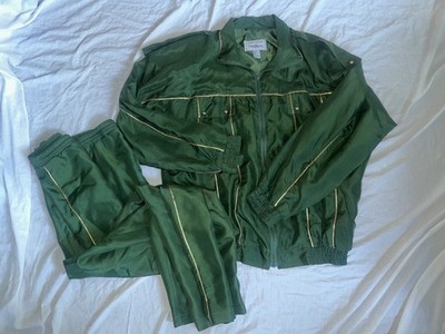 VTG 90's Oleg Cassini Size L Green Silk Lightweight Jacket Pants Track Suit