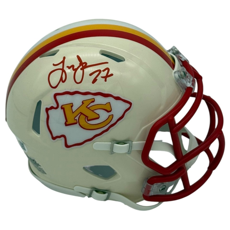 JSA-certified Larry Johnson autographed retro Chiefs mini helmet — a compact, authenticated piece of early-2000s NFL nostalgia for the serious fan.