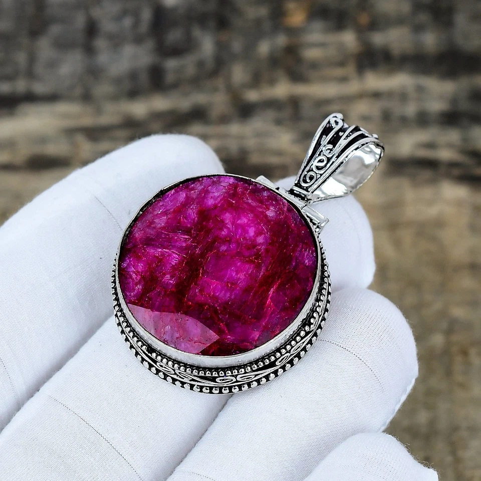 Kashmir Ruby Lab Created Gemstone 925 Sterling Silver Pendant Handmade Jewelry - Image 3 of 4