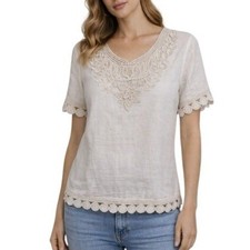 Elena Baldi Italy Linen Lace Blouse Ivory Short Sleeve Crochet Scoop Neck S