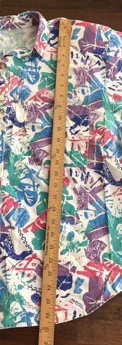 Vintage 80s Women's M L Cherokee Short Sleeve Button Shirt Pink Blue White Green - Picture 6 of 12