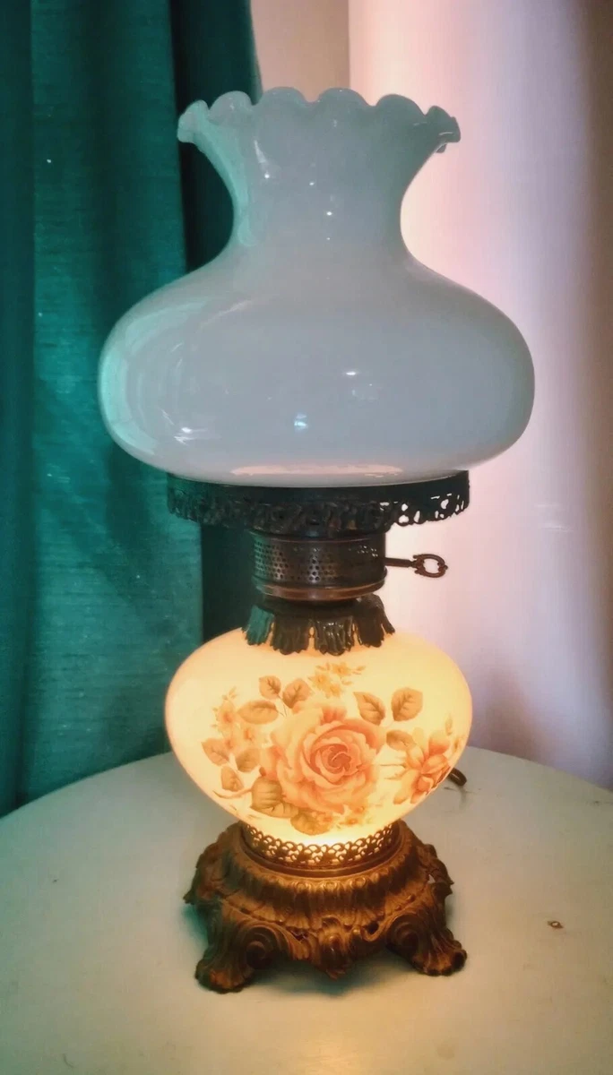 Vintage Gone with the Wind Fenton Style Milk Glass Hurricane Table Lamp 3 Way