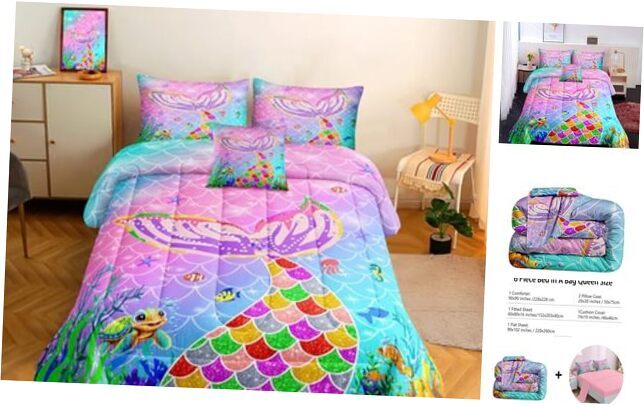 6 Pieces Mermaid Scale Glitter Comforter Set Fish Scale Queen 6Pcs Mry504