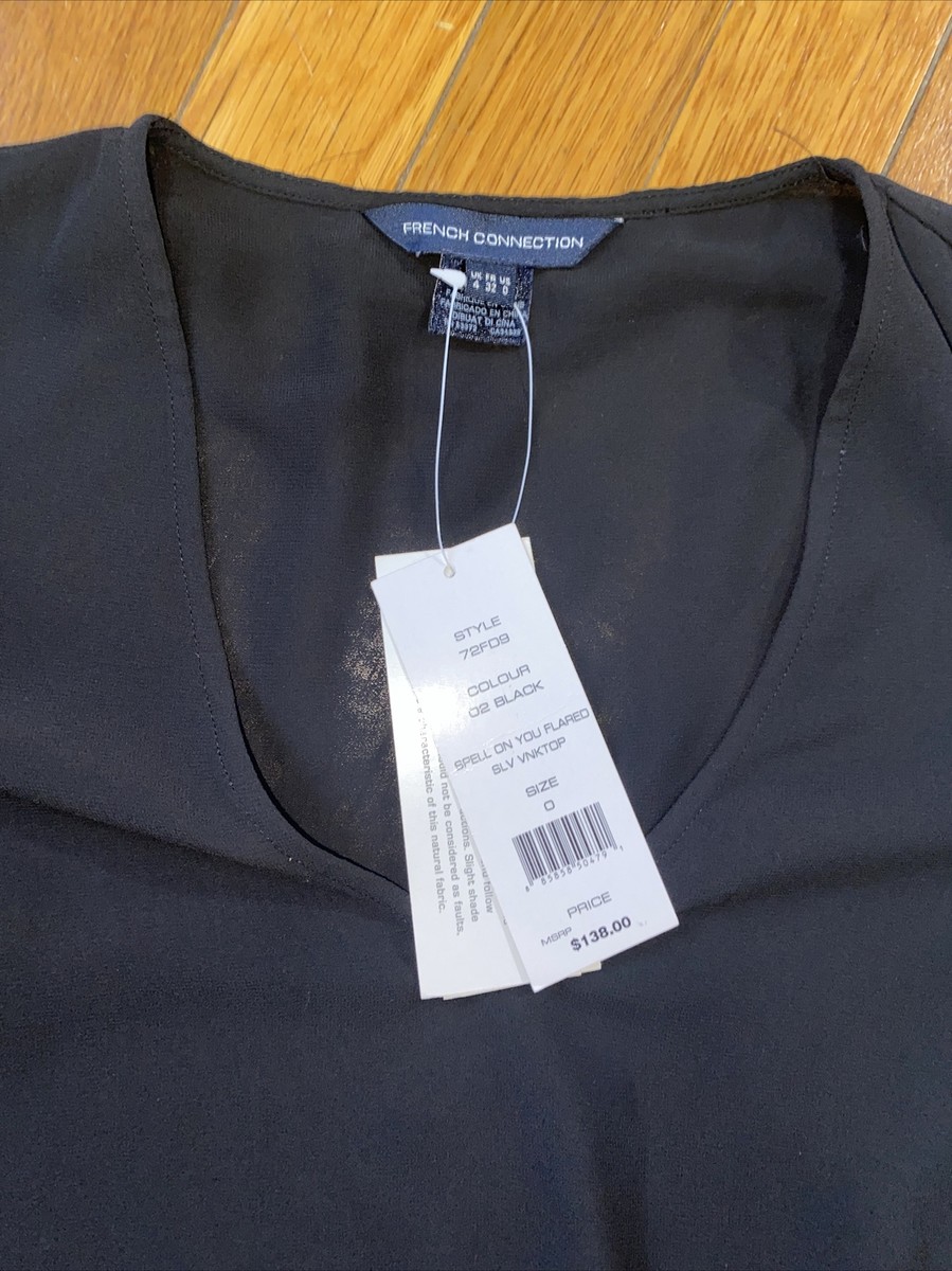 NWT $138 French Connection Spell On You Tie Waist Black Silk Top
