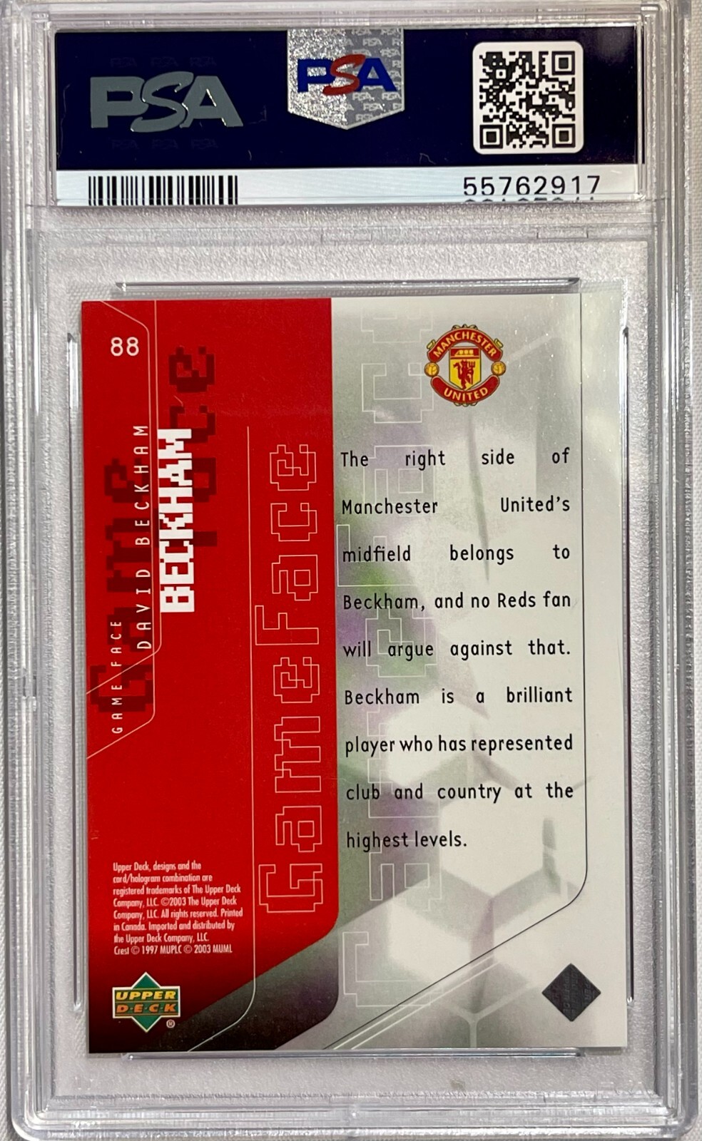 2003 UD Manchester United #88 David Beckham Mini-Playmakers Game Face PSA MINT 9 view 2