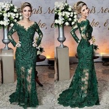 Dark Green Mother of The Bride Dresses Long Sleeved Lace Appliques Evening Gowns