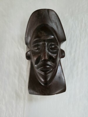 Small hand carved wooden face figurine for wall Kuba Tribe in D.R. Congo. 1970s 