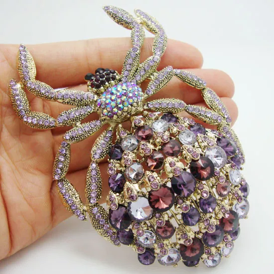 Vintage Style Purple Rhinestone Crystal Spider Animal Large Brooch