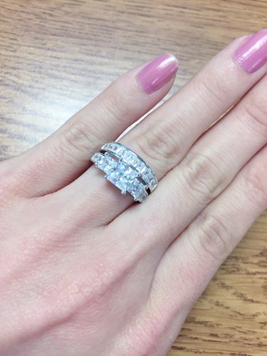 Hers Bridal Sterling Silver His Stainless Steel Engagement Wedding Ring Band Set - Picture 6 of 10