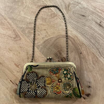 Isabella Fiore Small Leather Clutch Purse Floral Beaded Chain Handle 