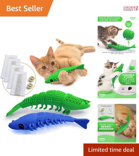 Durable Catnip Toothbrush Toys for Edible Fun - 2-Pack Green & Blue Shrimp