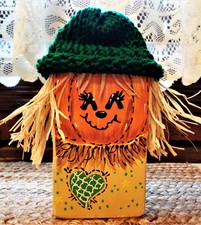 RUSTIC DISTRESSED WOOD BLOCK Scarecrow SHELF SITTER Halloween Fall Autumn Decor