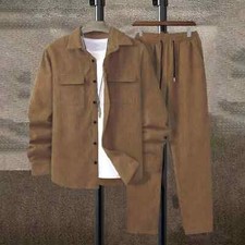 Men's Suit Solid Color Corduroy Suit Long Sleeve Shirt and Pants Casual Suit