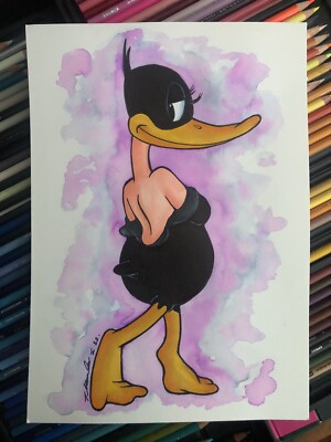 Daffy Duck Pen Streifenzeichnung / Aquarellmalerei. Original Fan-ART A4 .