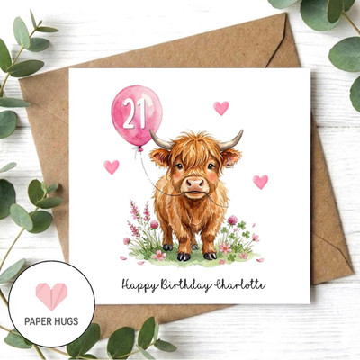 Personalisierte Geburtstagskarte Highland Cow, süßes Aquarell Kuh Geburtstagskarte