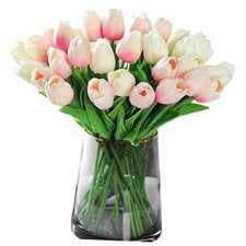 20pcs White Faux Tulips Flowers Fake Flowers Bouquets 13.5" White and Pink