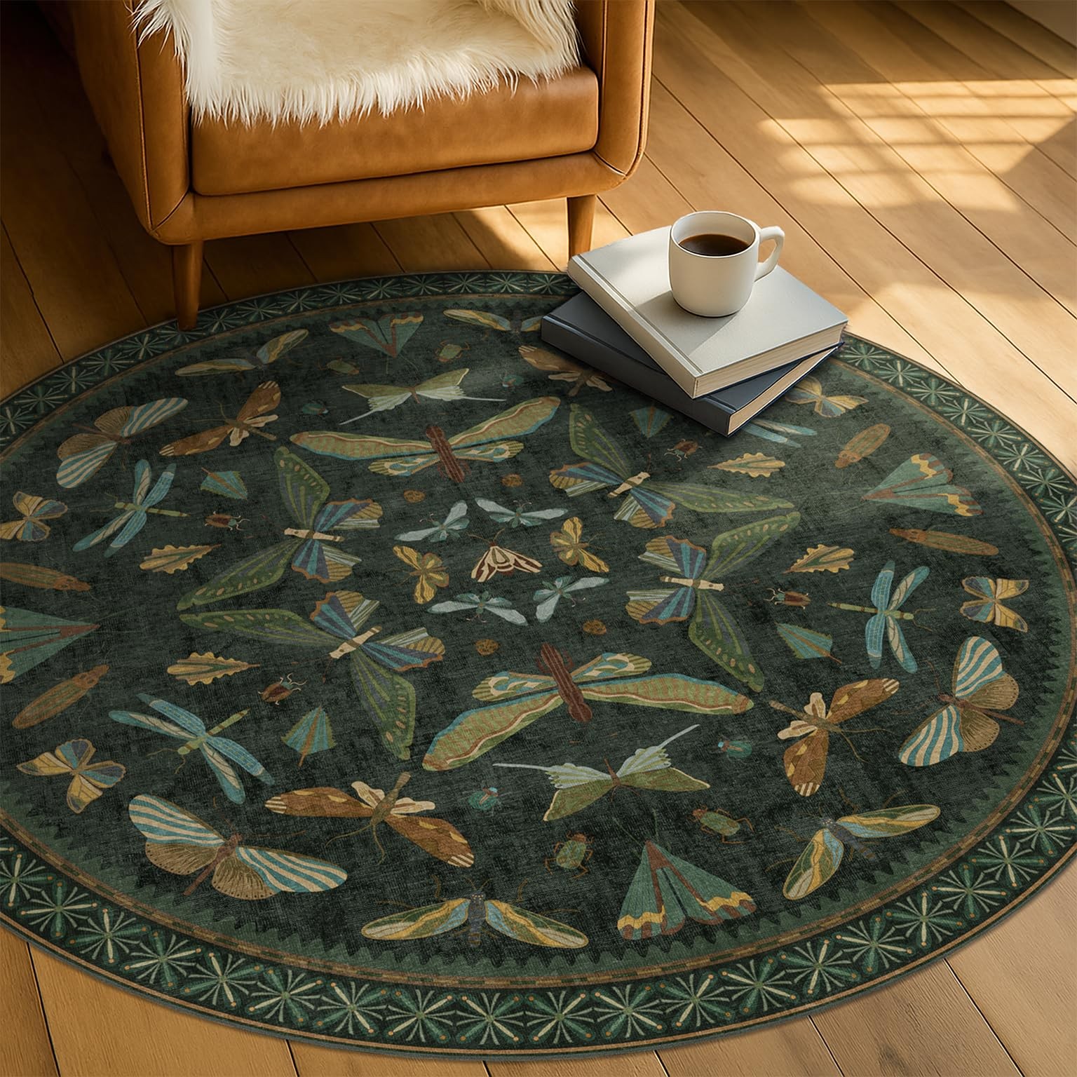 Black Insect 5ft Round Washable Living Room Rugs - Boho Non Slip Area Rug for...