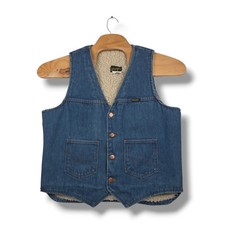 Vintage 70s Wrangler No Fault Denim Vest Sherpa Lined Western Cowboy Blue Large