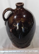 Antique redware jug glossy striped mottled shiny glaze 19th c. 2 gal. manganese