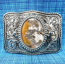 Classic Western Belt Buckle Brown Gray White Agate Stone Vtg 70s 80s .CPA110