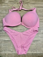 Victoria Secret Bombshell Push Up Bikini Swim Set Halter Rhinestone Pink 38 D/L