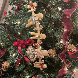 Vintage String Of 5 Fabric Gingerbread Man & Candy Canes Christmas Ornaments