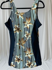 VTG Wood grain Hawaiin Flowers One Piece Swimsuit EUC KALAIS B- 44  W-38  NWOT
