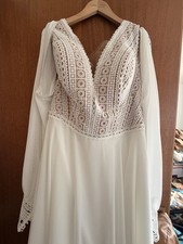 GBS Herve Paris Ivory Lace Chiffon V-Neck Long Sleeve Wedding Dress UK20
