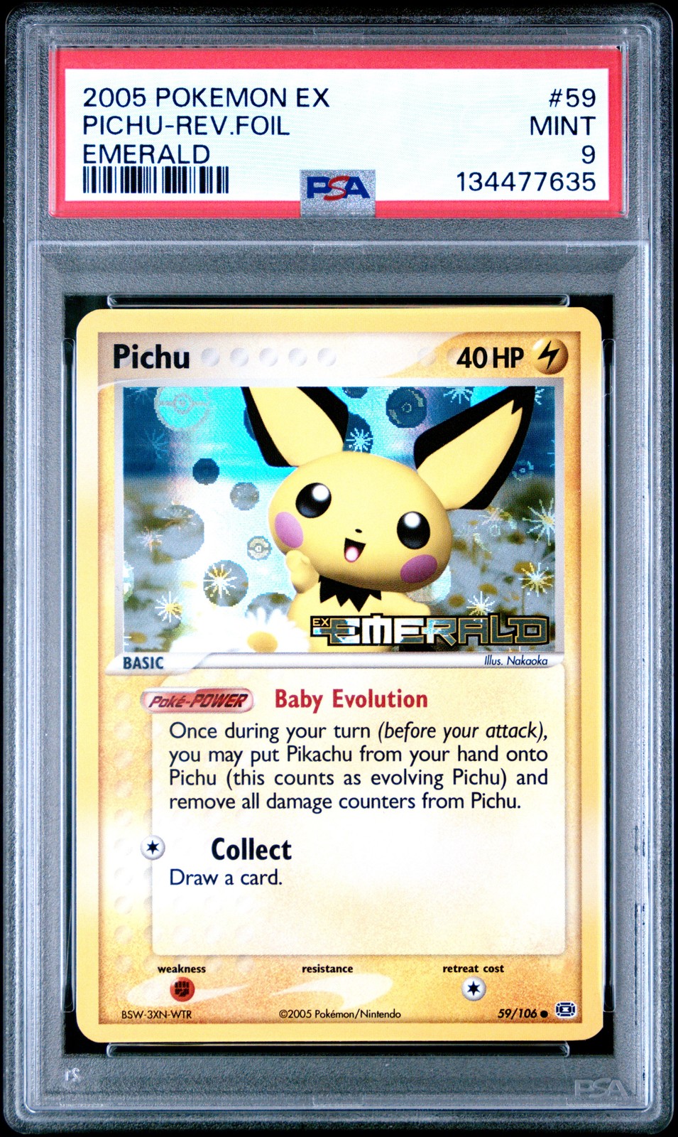 2005 POKEMON EX EMERALD #59 PICHU-REVERSE FOIL PSA 9