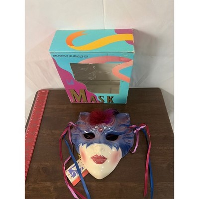 Vintage 1990 Clay Art San Francisco Ceramic Cat Masquerade Mask Hand Painted Box