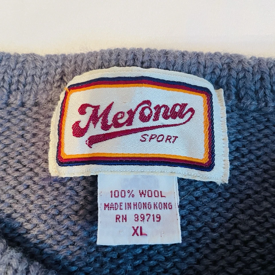 Vintage Merona Sport Wool Sweater XL Blue Yellow Rugby Stripe Hong Kong - Image 3 of 4