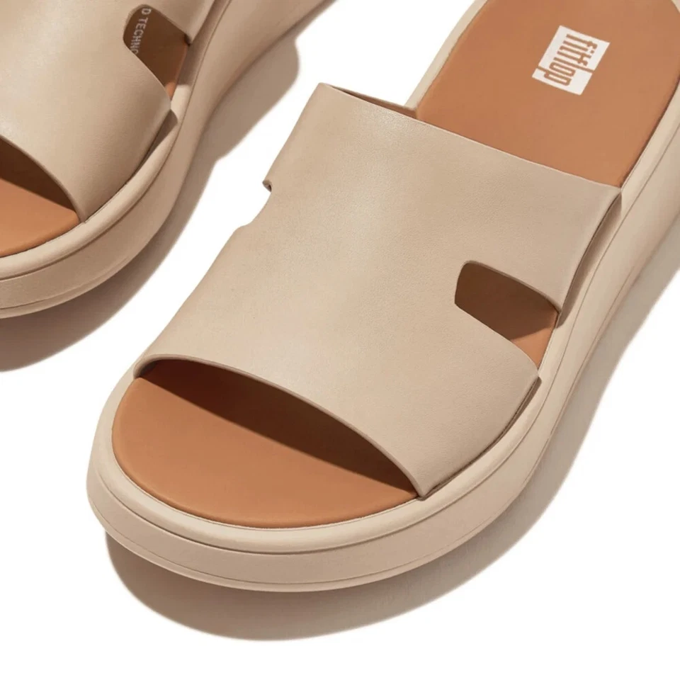 fitflop® Feminino 6 Modo F Couro Borda Crua Plataforma H-Bar Slides em Pedra Bege - Imagem 2 de 4