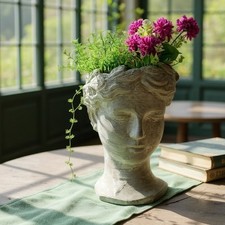 36CM Cement Garden Roman Lady Head Easter Island Plant Pot Planter TIKI Ornament