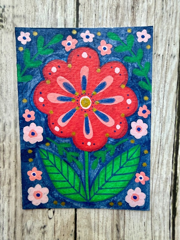 ACEO Original Acrylic Navy Nordic Flower Painting 2.5"x3.5" Ruth Miller Creative