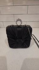Black Satin Ruched Bow Evening Clutch Bag Crystal Rhinestone Ring Clasp Chain...