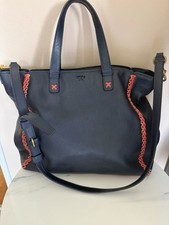 TORY BURCH Softy Whipstitch Medium Tote Bag Navy Blue Red Pebbled Leather