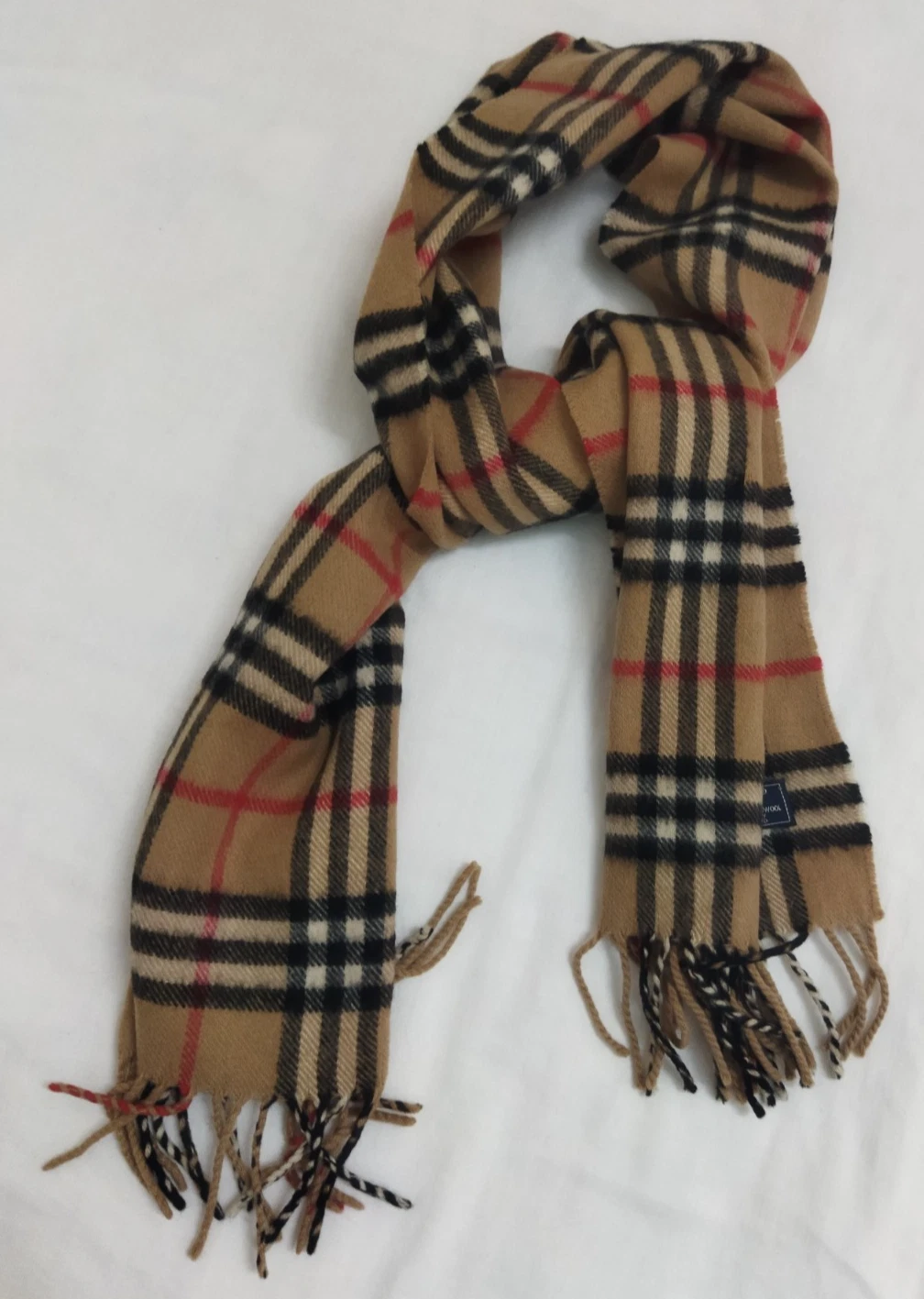 Vintage Burberry Nova Check Cashmere & Wool Scarf Beige Camel Fringed Muffler