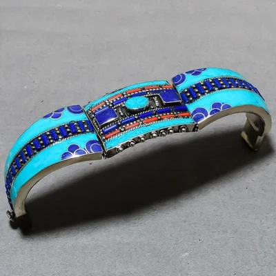 Manchette bijoux vintage népalais corail lapis lazuli turquoise tibétain SR 737 - Photo 1/4