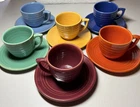 Vintage Bauer Ringware Set Of 6 Coffee Cups And Saucers In Various Colors