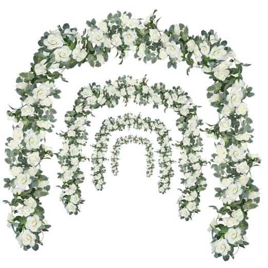 Flower Garland Rose Vine 4Pcs 28FT Artificial Floral Garland with Green White