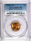 1938-S/S/S PCGS MS66+RD RPM FS-502 (016.5) Lincoln Cent-CONECA Top 100 Coin