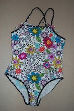 Girls 1 Piece Swimsuit WHITE w/ BOLD RETRO FLOWER PRINT Black Trim SIZE XS 4-5