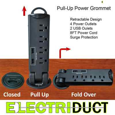 Desktop Desk Outlet Table Pull-Up 4 AC Power & 2 USB Tap Grommet Surge Protector