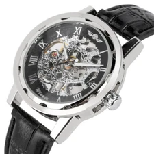 Mens Hand Winding Mechanical Watch Winner Silver Skeleton Black Strap Watches