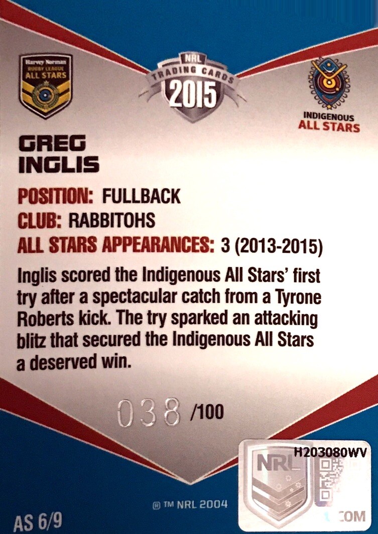 2015 NRL ELITE GREG INGLIS INDIGENOUS ALL STARS CARD