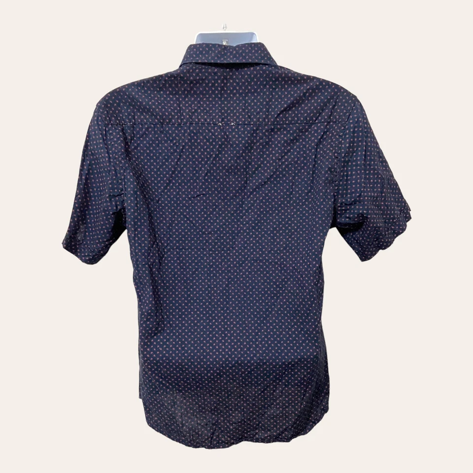 Filter Mens Casual Button Front Shirt L Slim Fit Polka Dot Navy Blue Contrast - Image 4 of 4